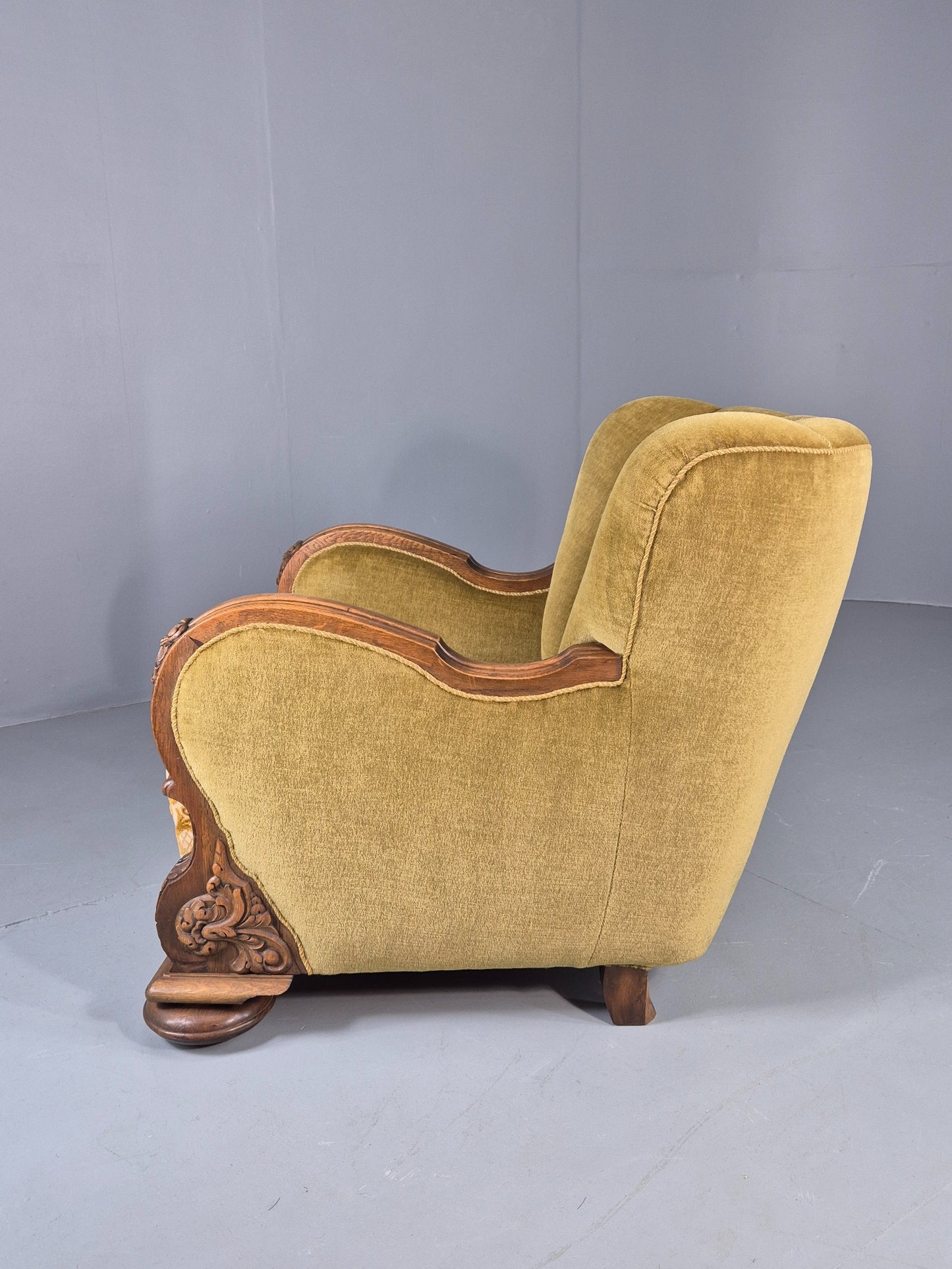 Vintage Danish Art Deco Lounge Chair Carved Oak Frame 1940s Green Floral 12838