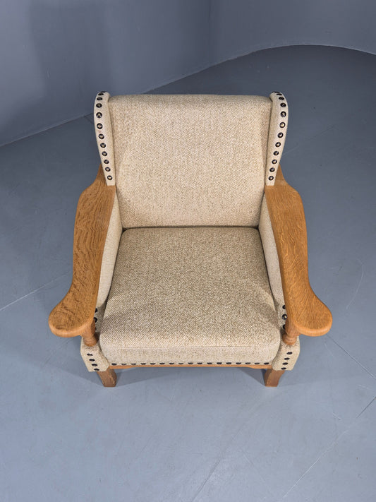 Vintage 1970s Lounge Chair Low Wing Back Kjaernulf Style Oak Retro Cream EB12719