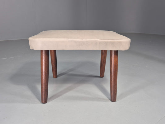 Vintage Mid Century Footstool Danish Cream Vinyl Teak Legs 1960s Retro EB12055