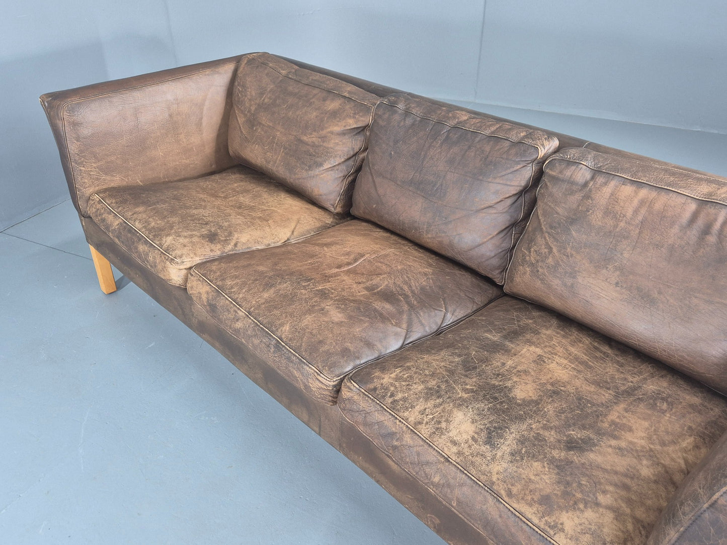 Vintage Danish 3 Seater Sofa 1970s Brown Leather Patinated Retro MCM EB12412