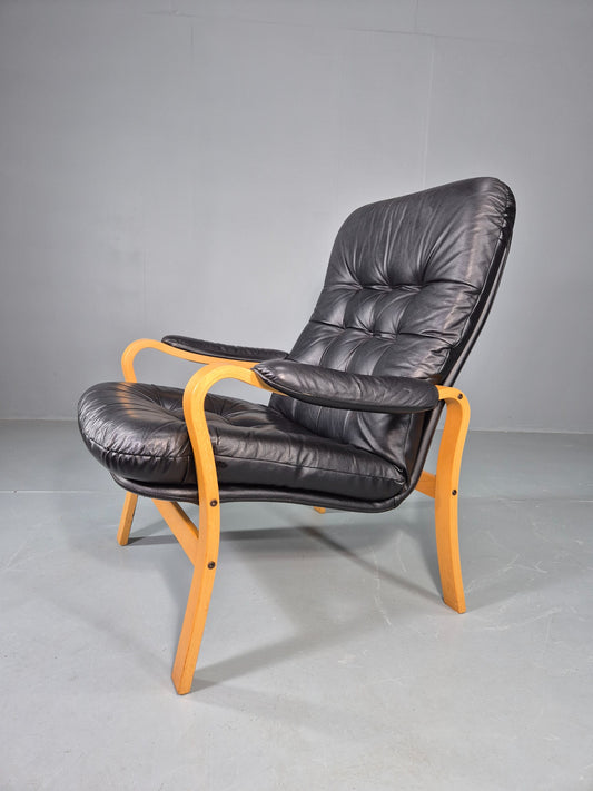 Vintage Danish Leather and Vinyl Lounge Chair Bent Wood Frame 80s Retro EB13076