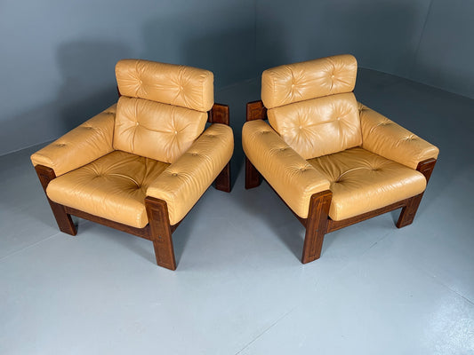 2 Vintage Ekornes Lounge Chairs Caramel Leather 1980s Retro MCM EB06937
