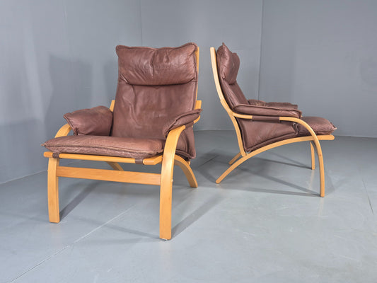 2 Vintage Danish Design Lounge Chairs Leather and Bentwood 1980s Retro EB13127
