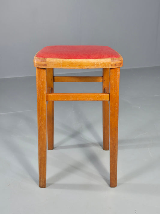 Vintage Kitchen Stool 1960s Retro Red Vinyl and Beech EB12531