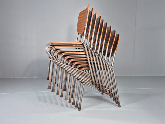 9 Vintage Danish Stacking Industrial Chairs Teak and Steel 1960s Retro EB12403