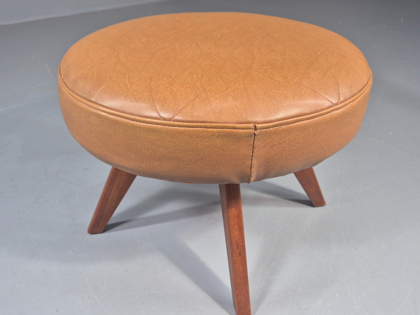 Vintage Mid Century Foot Stool Brown Vinyl Danish Teak Round Retro MCM EB12022