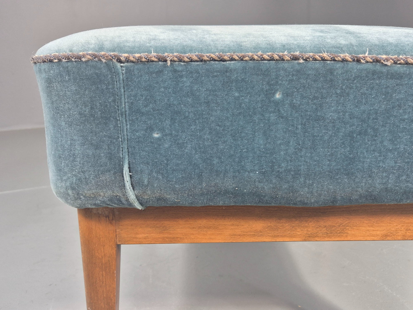 Vintage Danish Mid Century Footstool Blue Velour Upholstery 1950s Retro EB12053