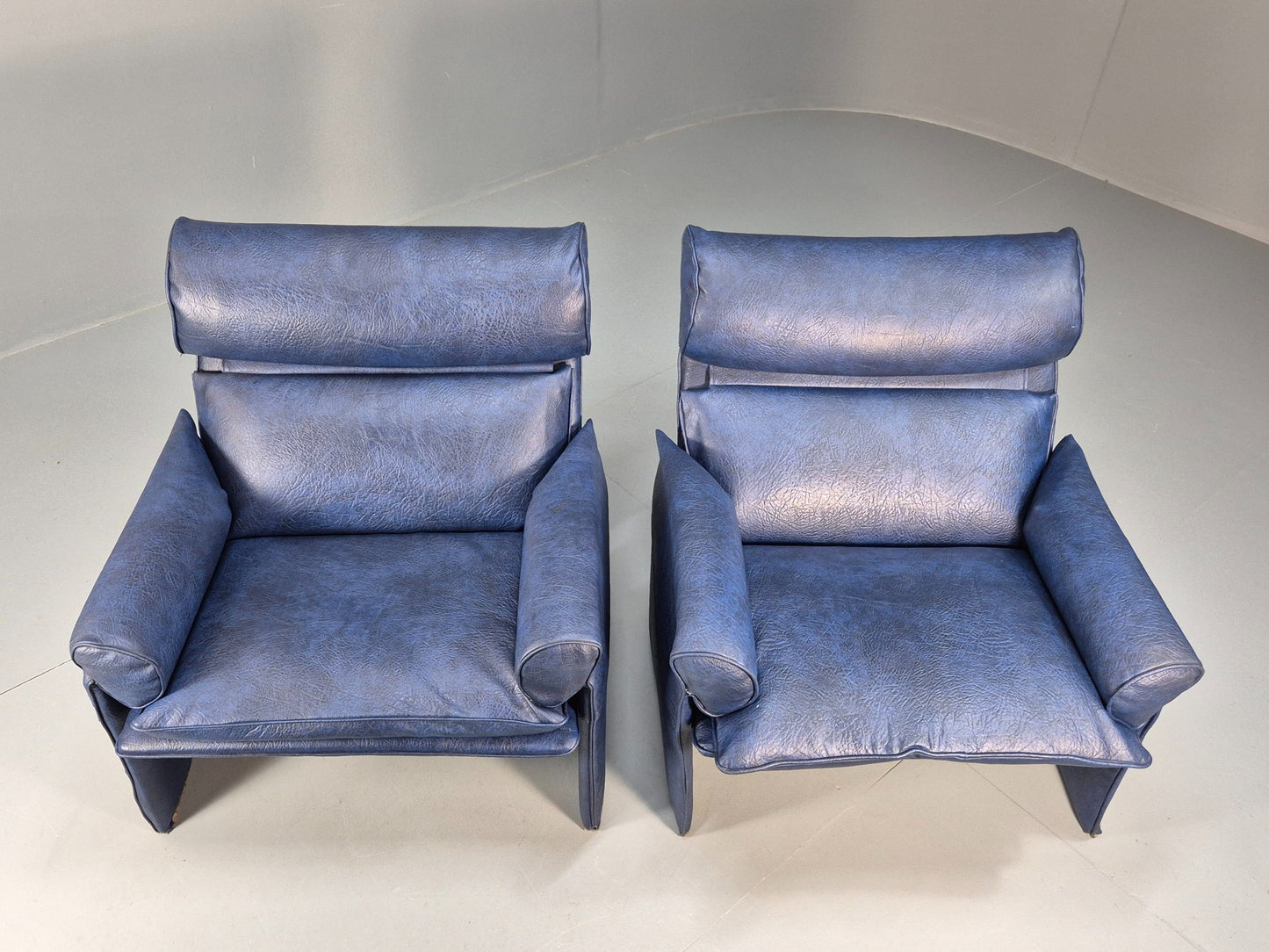 Vintage Saporiti Italian Lounge Chairs Pair Blue Vinyl Retro EB9844