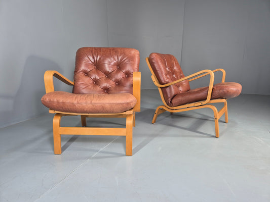 2 Vintage Swedese Leather Bentwood Lounge Chairs Design Yngve Ekstrom EB13089