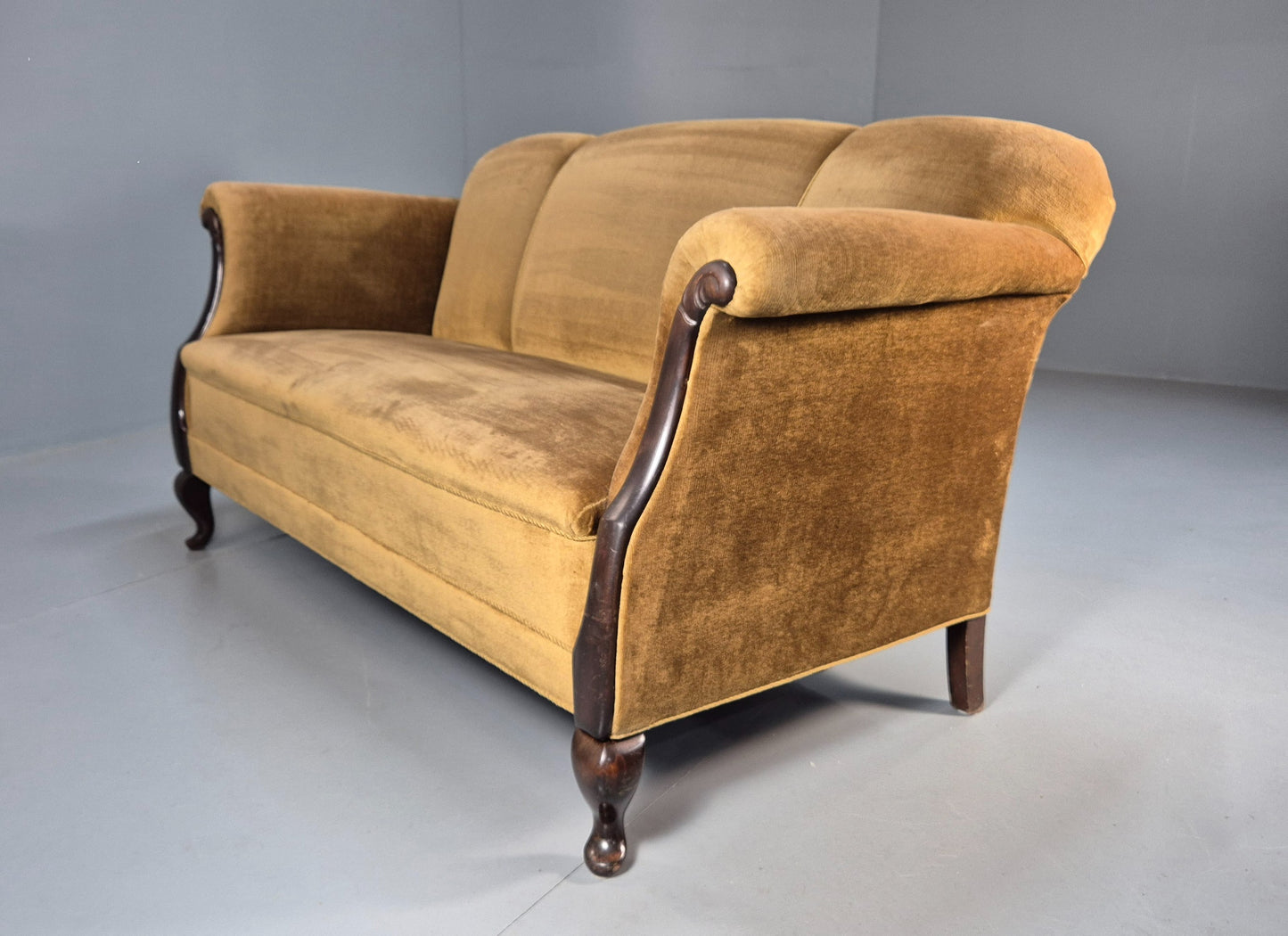 Antique 1920s Danish Sofa Mustard Velour Cabriole Legs EB09017