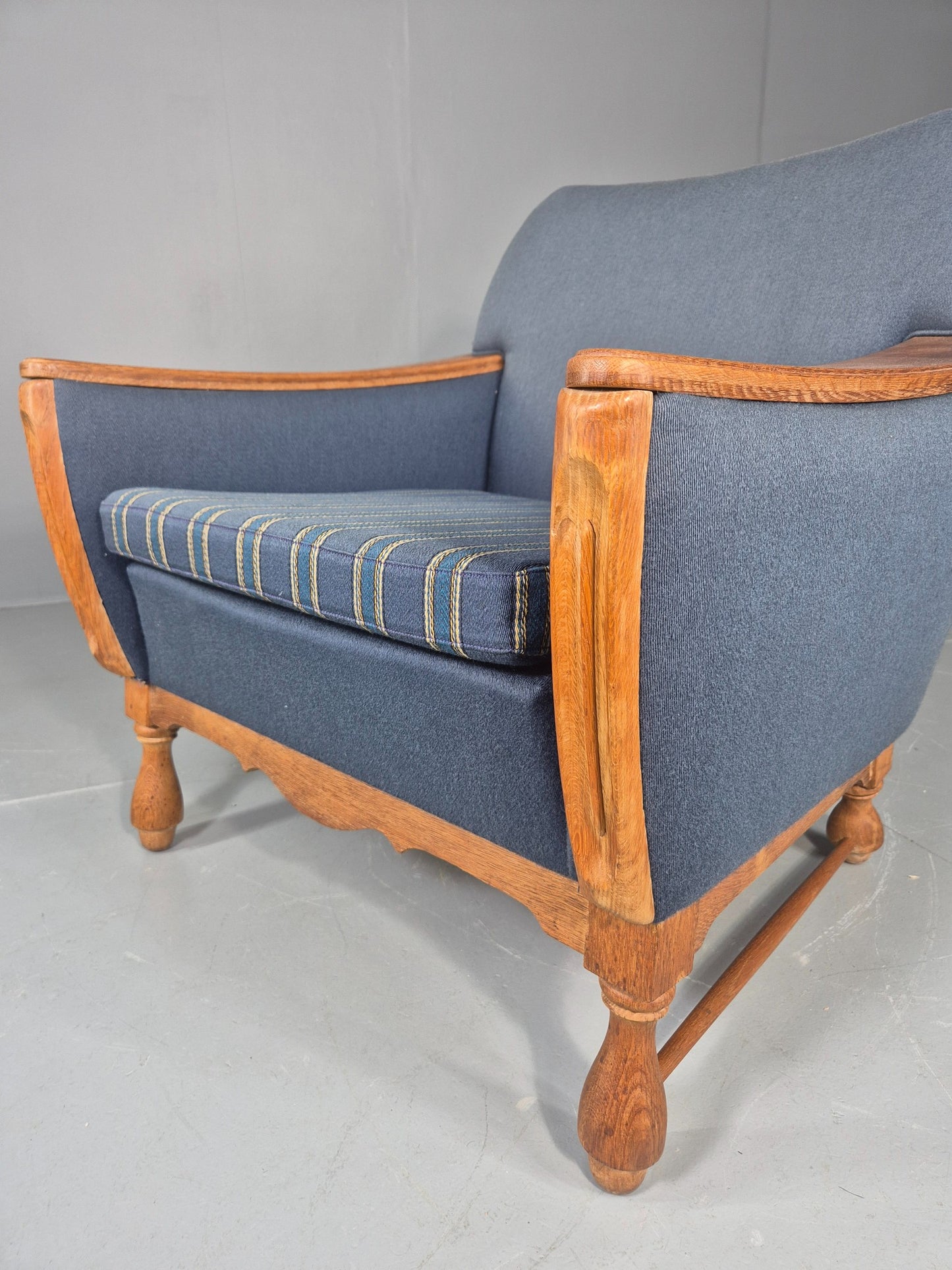 Vintage Danish Lounge Chair Oak Frame Blue Wool 1970s Retro MCM EB12764