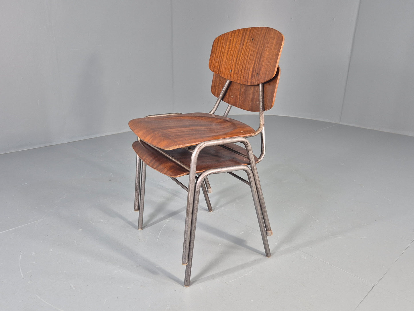 2 Vintage Danish Stacking Industrial Chairs Teak Ply and Steel 1960s EB12401