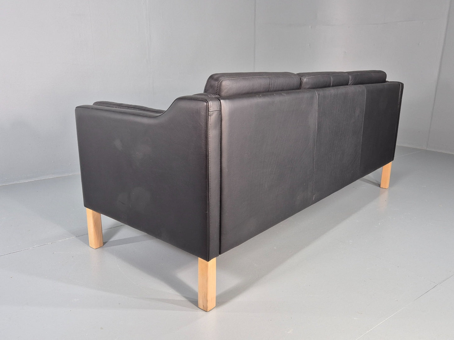 Vintage 3 Seater Sofa Danish Black Leather Mogensen Style Retro MCM 80s EB12440