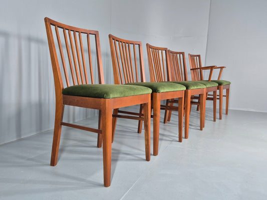 5 Vintage 1960s Dining Chairs Beech Wood frames Green Velvet Seats Retro EB12184