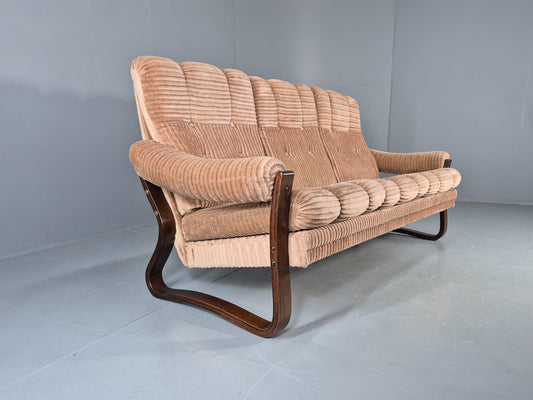 Vintage 3 Seat Sofa 1980s Danish Beige Corduroy Bent Wood 1980s Retro EB13065