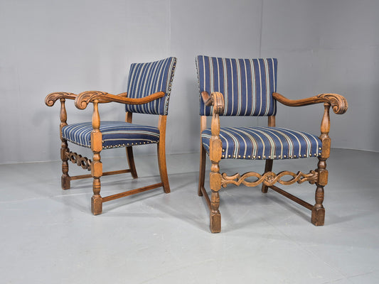2 Vintage Danish Baroque Style Oak 1950s Elbow Chairs Blue Wool Stripe EB12647