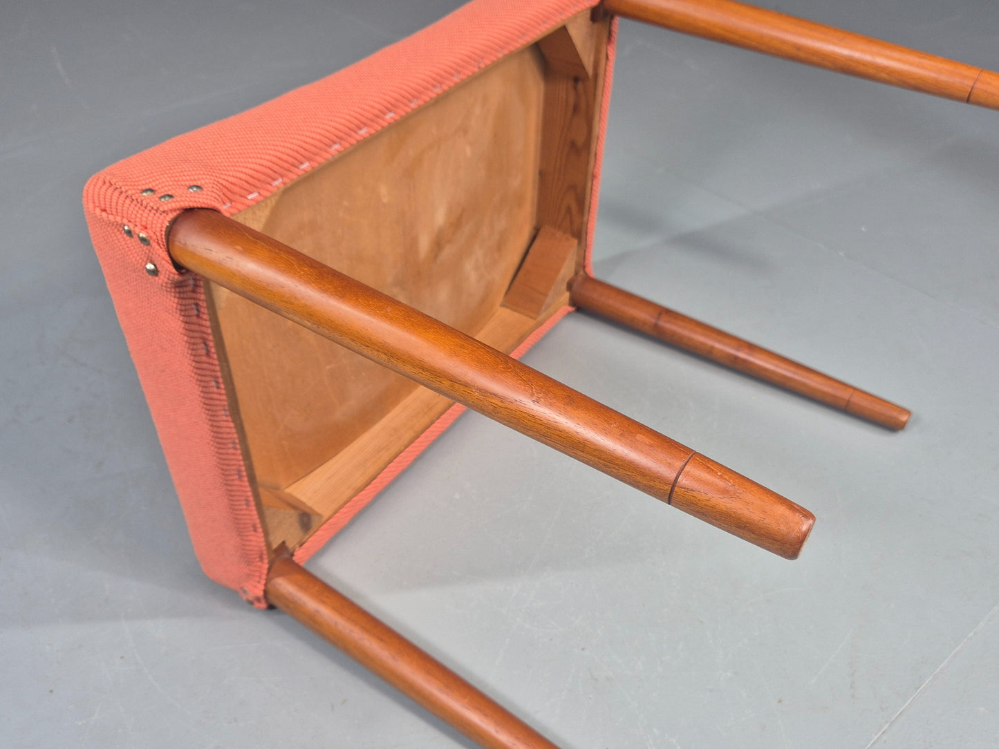 Vintage Mid Century Footstool Danish Design Peach Upholstery Teak Legs EB12050