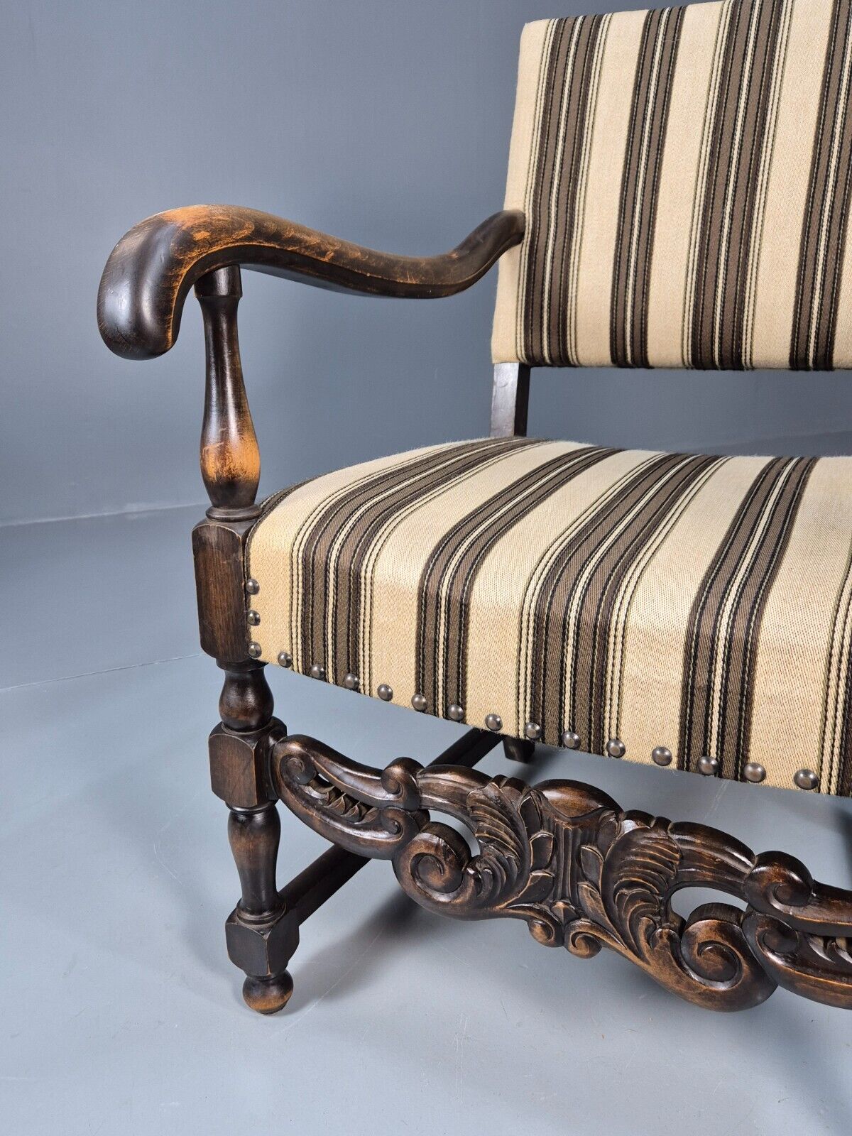 Vintage Danish Baroque Style Elbow Chair Striped Wool Upholstery EB9383 VCAR - UKDK FURNITURE