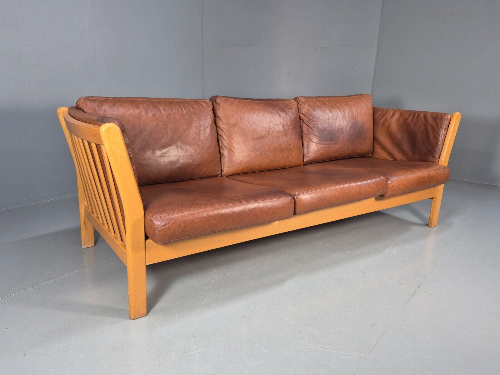 Vintage Danish 3 Seat Sofa Tan Leather Beech Ends Stouby Style MCM EB8751 M3SS - UKDK FURNITURE