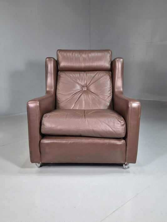 Vintage Danish Wingback Lounge Chair Brown Leather 1970s Retro MCM EB7589 MNOR - UKDK FURNITURE