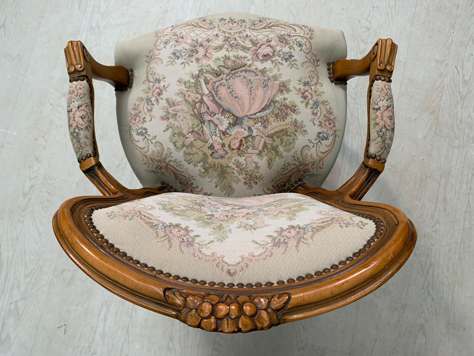 Danish Carved Beech & Tapestry Style Cream Wool Chair Vintage EB2516 VCAR - UKDK FURNITURE