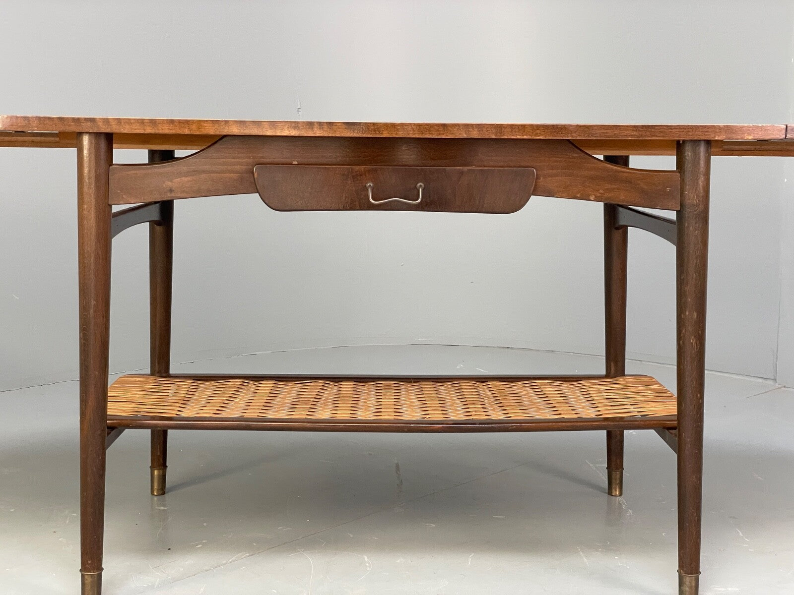 Vintage Walnut Extending Coffee Table Rattan Shelf Drawers 1950s EB9441 MWOO - UKDK FURNITURE