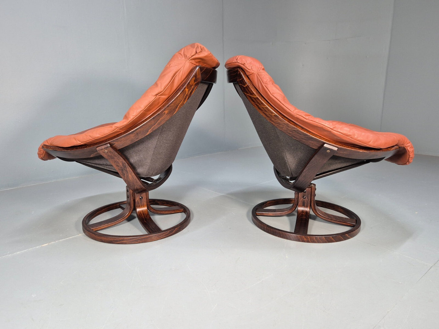 2 Vintage Danish Tan Leather Lounge Chairs Swivel Base MCM Retro EB9299 MSWI - UKDK FURNITURE