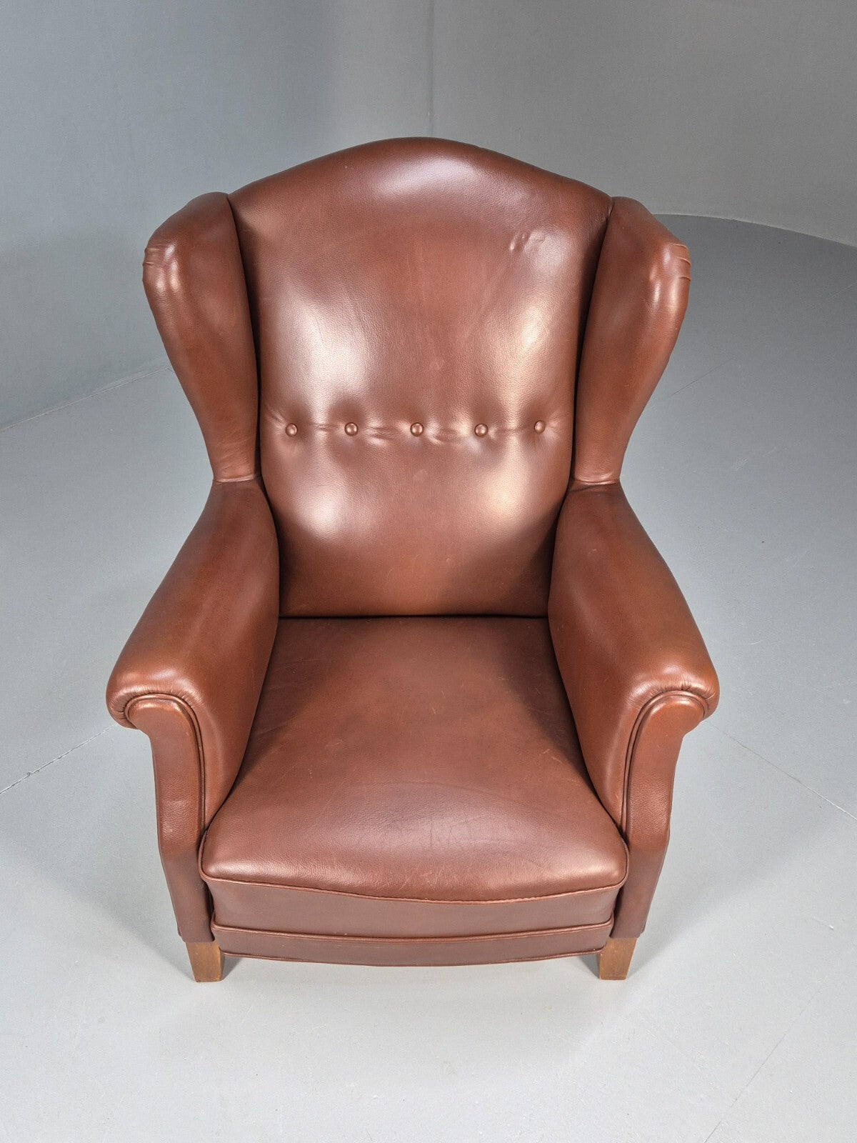 Vintage Danish Wingback Armchair Brown Leather Button Detail EB8782 VLEA - UKDK FURNITURE