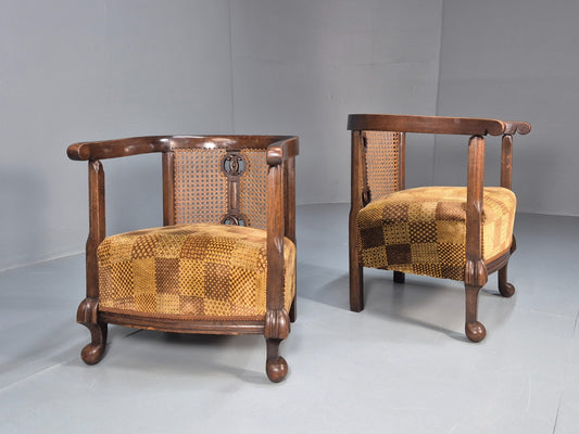 Pair Art Deco Tub Chairs Bergere Back Oak Frame Brown Velour 1930s EB10696 VCAR0