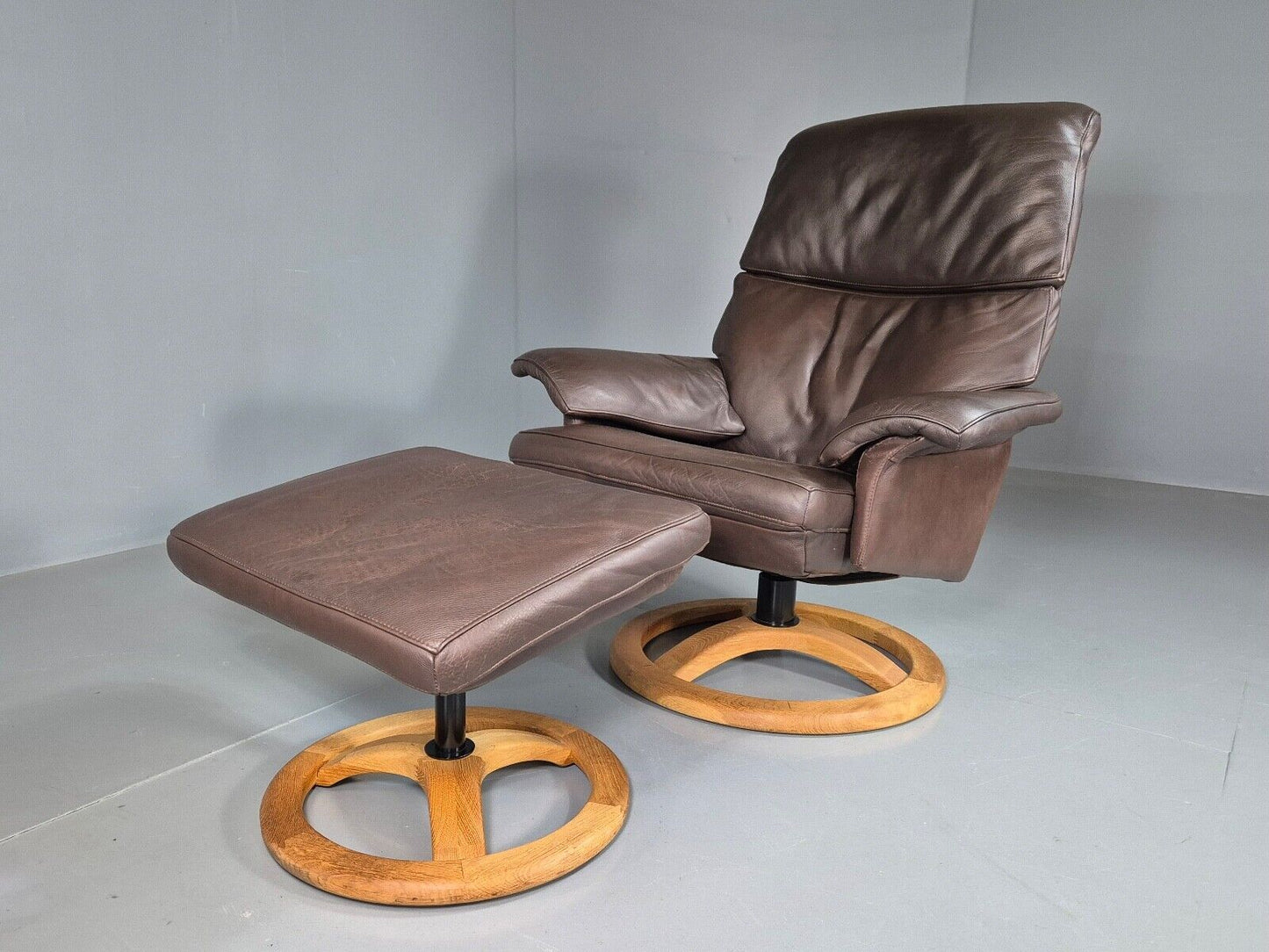Vintage Danish Swivel Lounge Chair Footstool Brown Leather Retro EB7507 MSWI - UKDK FURNITURE