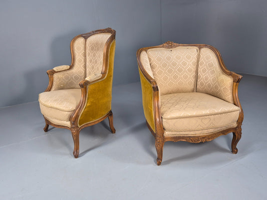 High and Low Back Danish Antique Rococo Style Lounge Chairs Damask EB9036 VCLO - UKDK FURNITURE