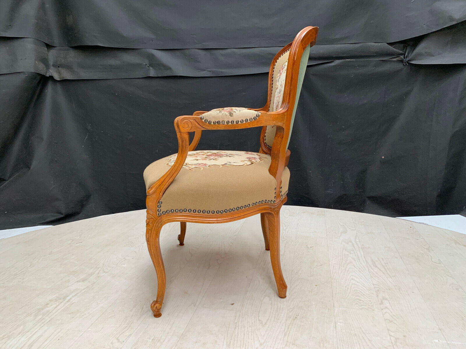 Danish Carved Beech & Beige Floral Wool Arm Chair Vintage Lounge EB2515 VCAR - UKDK FURNITURE