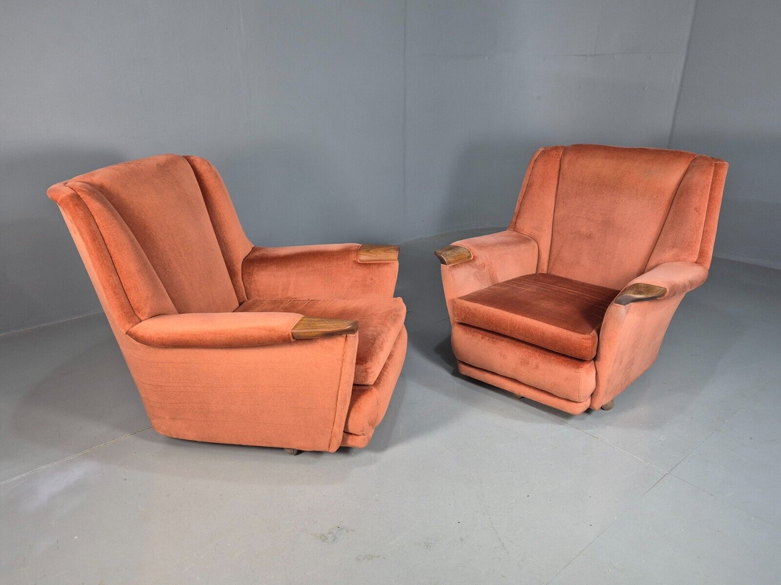 2 Vintage Lounge Chairs Pink Velour Teak Paws 1960s Retro EB8203 MNOR - UKDK FURNITURE