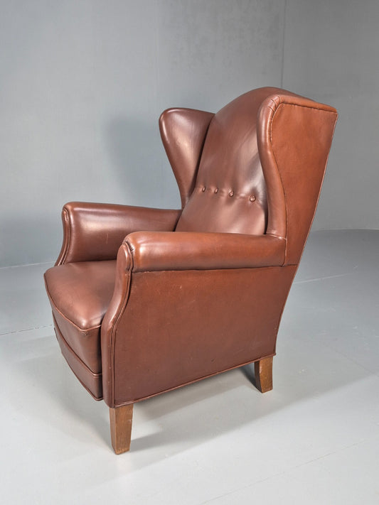 Vintage Danish Wingback Armchair Brown Leather Button Detail EB8782 VLEA - UKDK FURNITURE