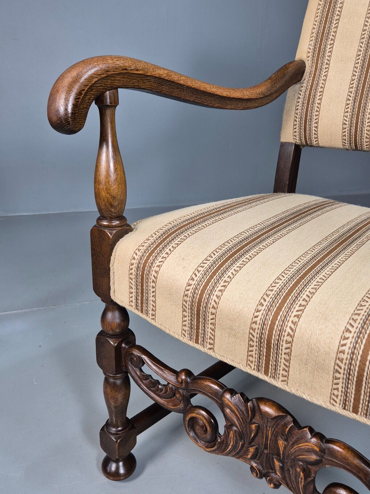 Vintage Danish Elbow Chair Cream Stripe Oak Frame 1950s Repro EB8084 VDIN - UKDK FURNITURE