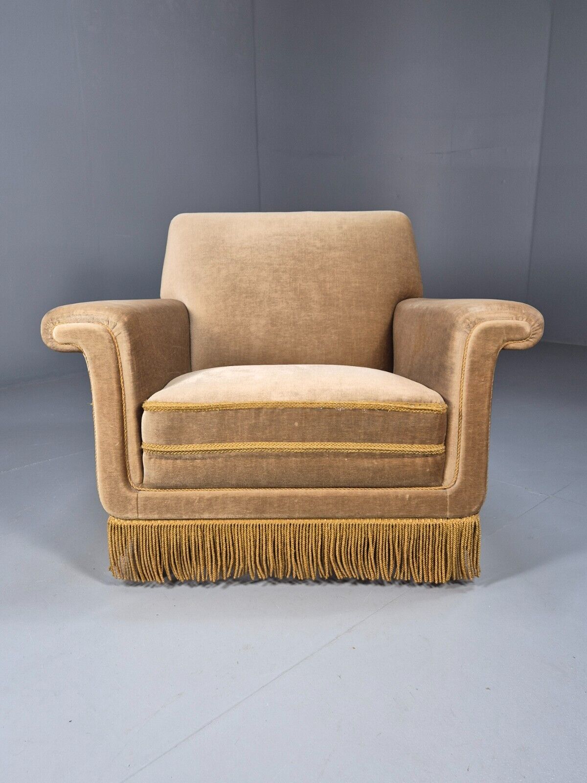 Vintage Danish Lounge Chair Gold Velour Tassels 1960s Retro MCM EB8947 VCLO - UKDK FURNITURE