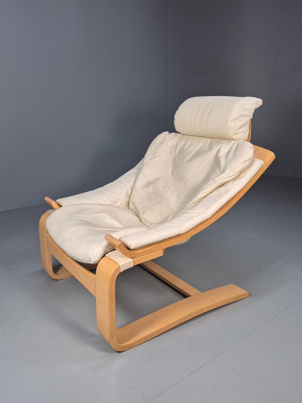 Vintage Swedish Lounge Chair Cream Leather Bentwood Krokken 1970 MCM EB8510 MBEN - UKDK FURNITURE