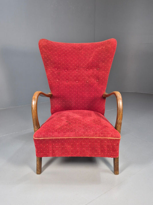Vintage 1950s Danish Lounge Chair Red Patterned Velour Beech Arms EB8962 MNOR - UKDK FURNITURE
