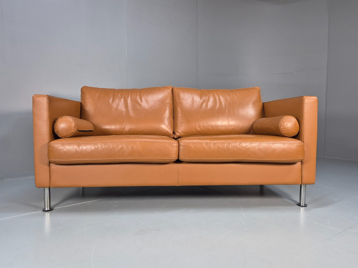 Vintage Tan Leather Two Seater Sofa Danish 1970s Retro Mid Century EB10100 M2SS5