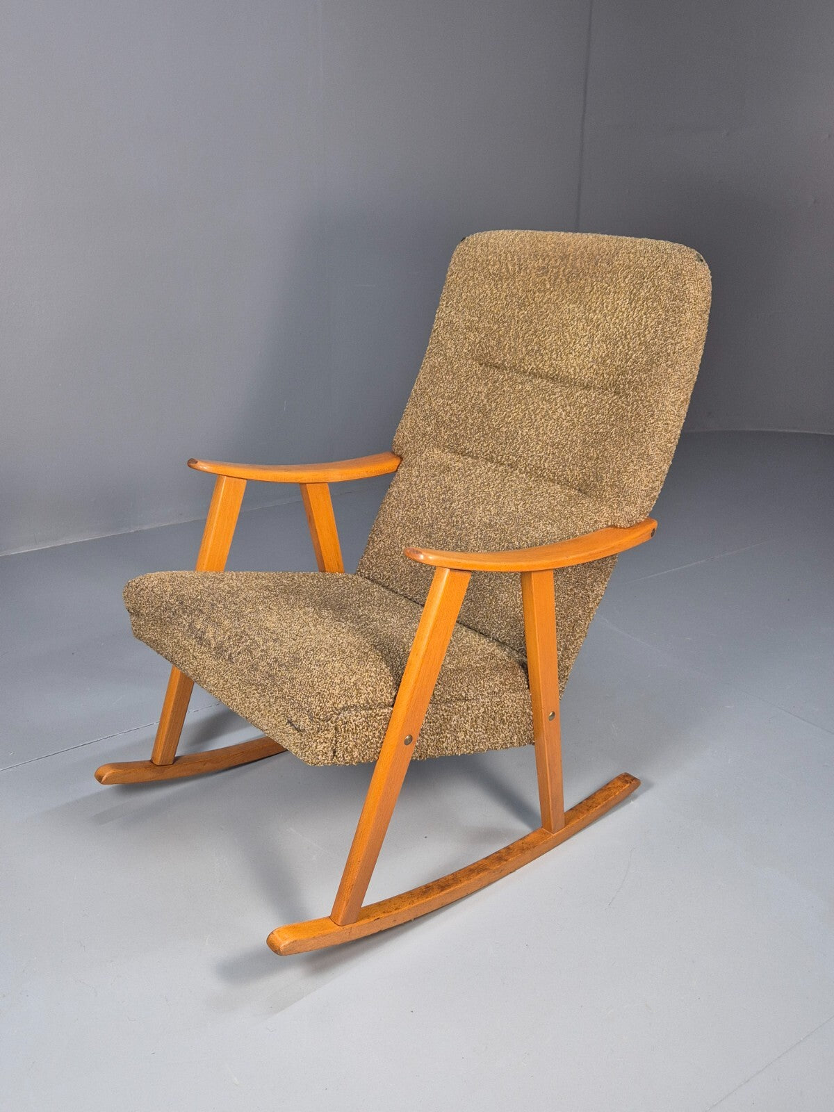 Mid Century Rocking Chair Olive Brown Wool Fabric Beech Frame 1950s EB9595 MNOR - UKDK FURNITURE