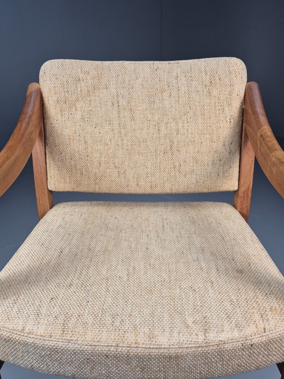 Vintage Danish Elbow Chair Beige Wool Teak Retro MCM 1970s EB9156 MDIN - UKDK FURNITURE