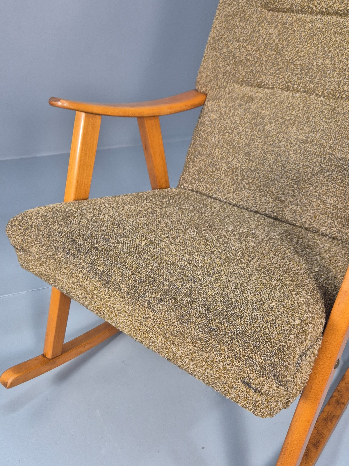 Mid Century Rocking Chair Olive Brown Wool Fabric Beech Frame 1950s EB9595 MNOR - UKDK FURNITURE
