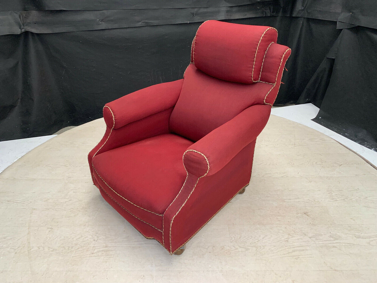 EB2597 Dark Red Fabric Arm Chair with Castors for Reupholstery VintageVCLO - UKDK FURNITURE