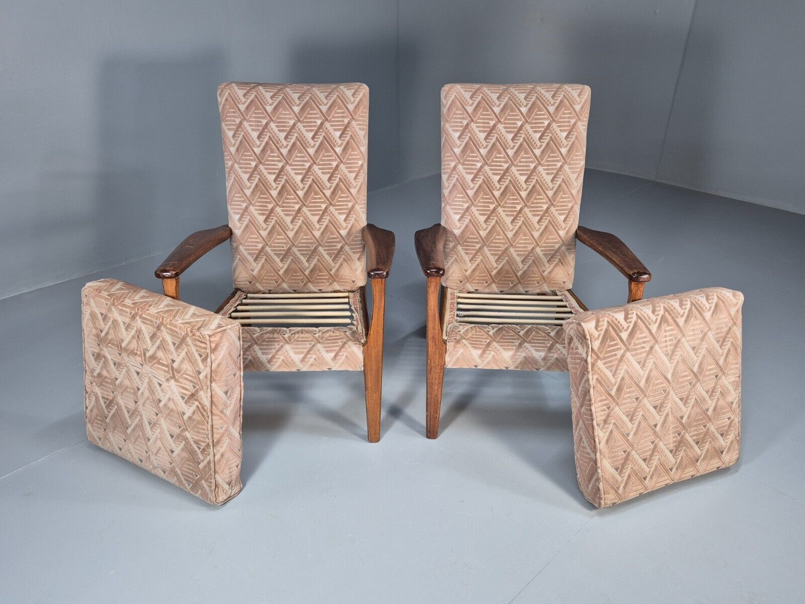 Vintage Parker Knoll Armchairs Pair Deco Pink Fabric Stained Beech EB8866 MCLO - UKDK FURNITURE
