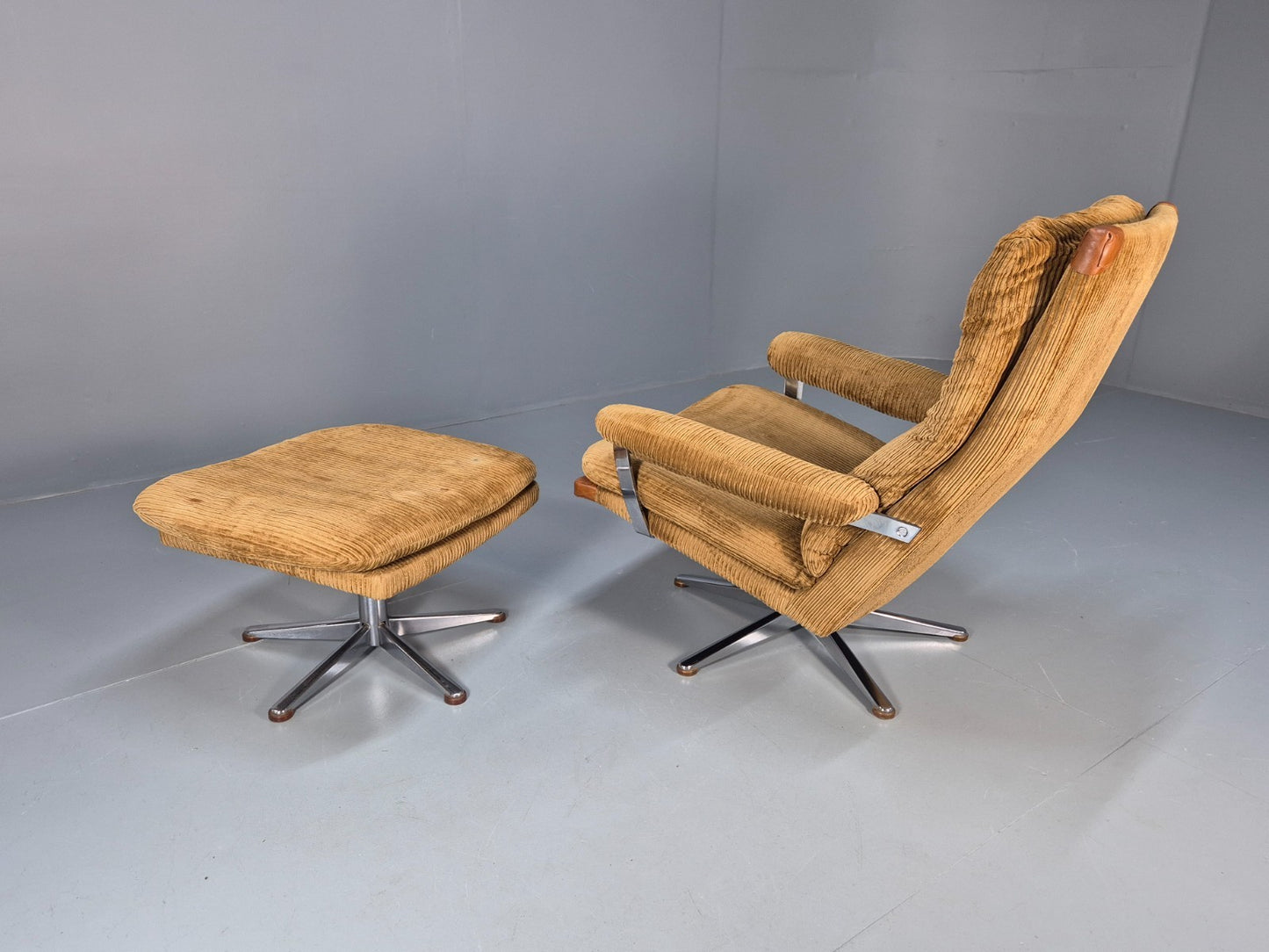 1970s Swivel Chair and Footstool Gold Corduroy Chrome Danish Elu EB10688 MSWI2