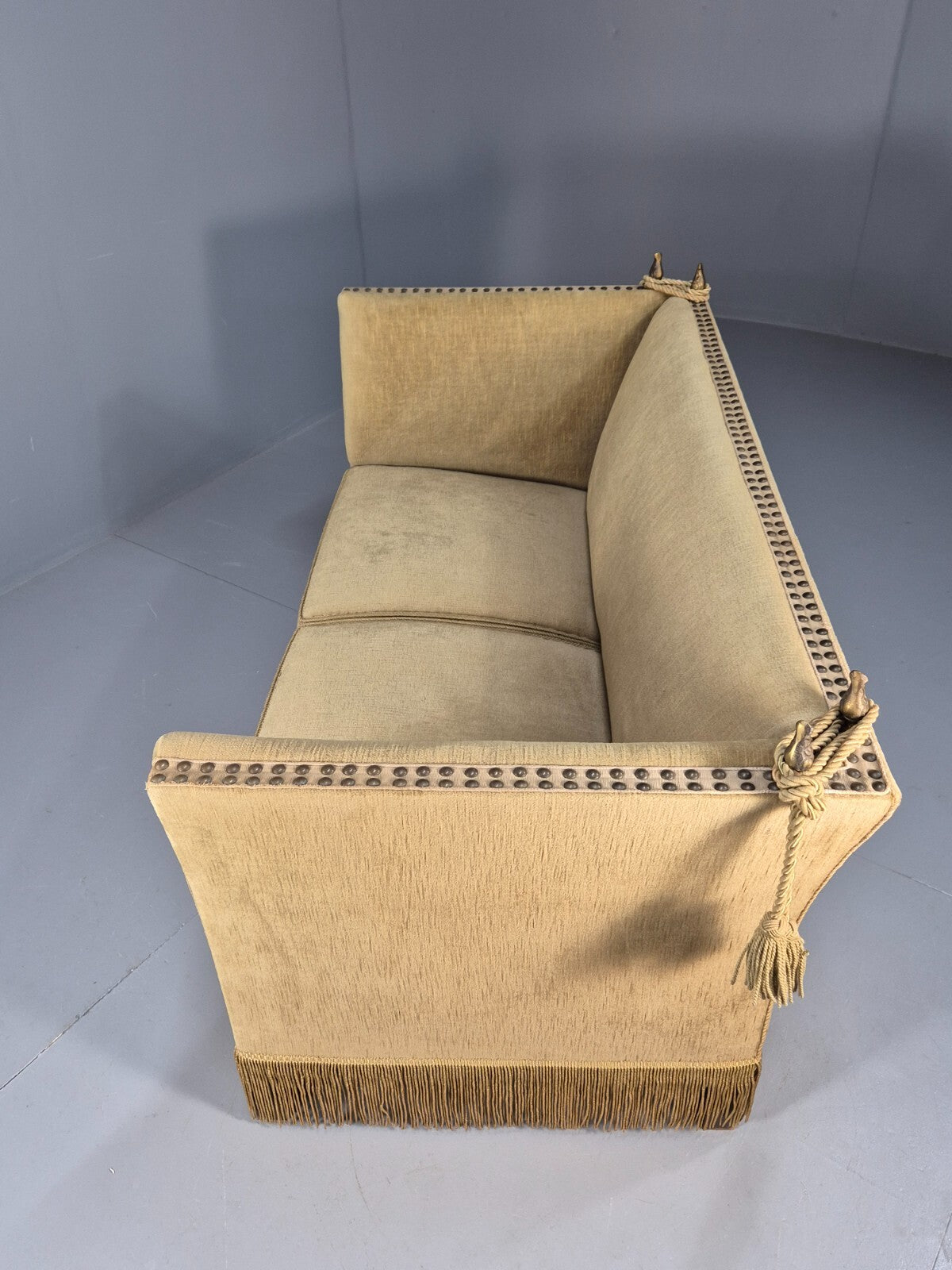 Vintage Two Seater Sofa Green Velour Studded Tassels Danish Design EB9549 V2SS - UKDK FURNITURE