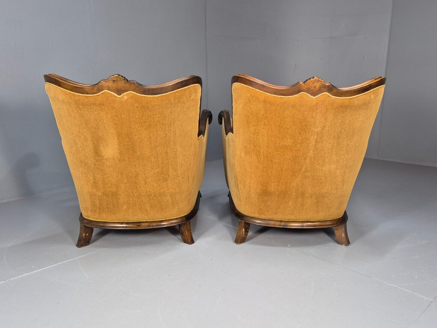 2 Vintage Danish Antique Chairs Gold Velour 1930s Carved Wood EB8969 VCLO - UKDK FURNITURE