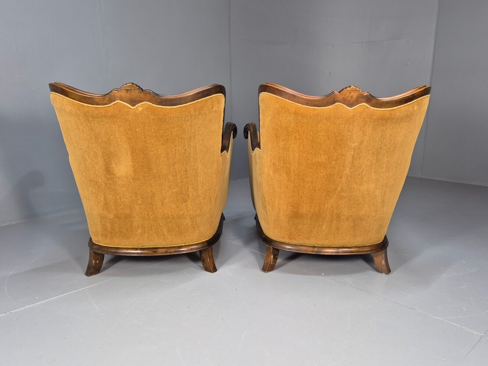 2 Vintage Danish Antique Chairs Gold Velour 1930s Carved Wood EB8969 VCLO - UKDK FURNITURE
