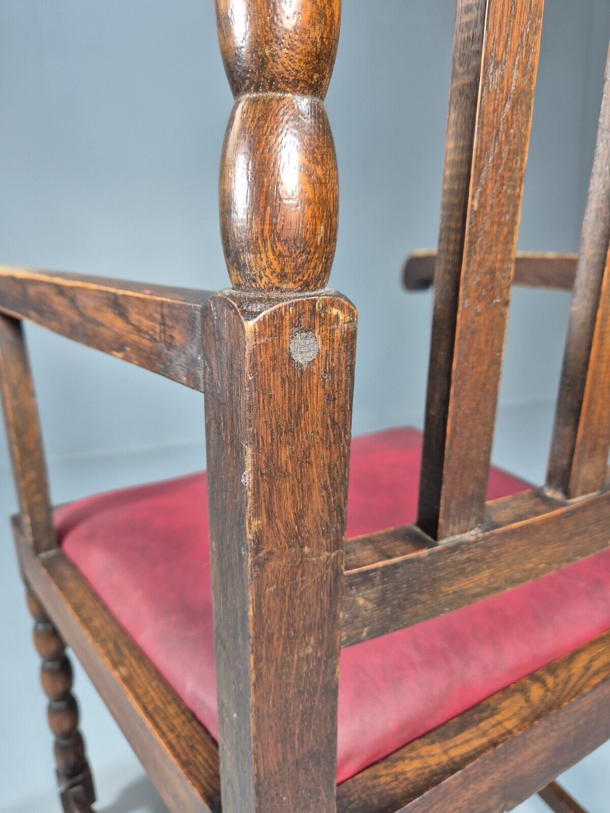 Vintage Elbow Chair Red Vinyl Oak Frame 1920s Antique EB9134 VDIN - UKDK FURNITURE