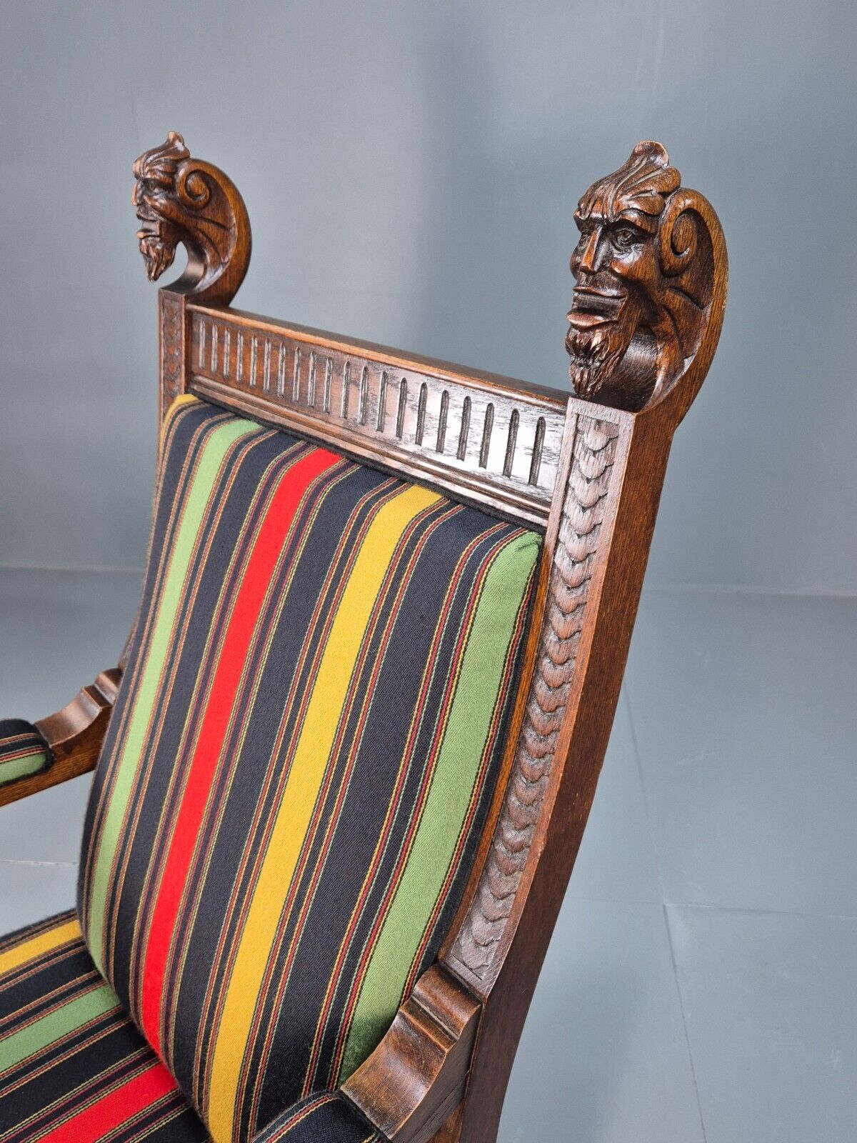 Vintage Danish Lounge Chair Multicoloured Carved Oak Figures Antique EB8951 VCLO - UKDK FURNITURE